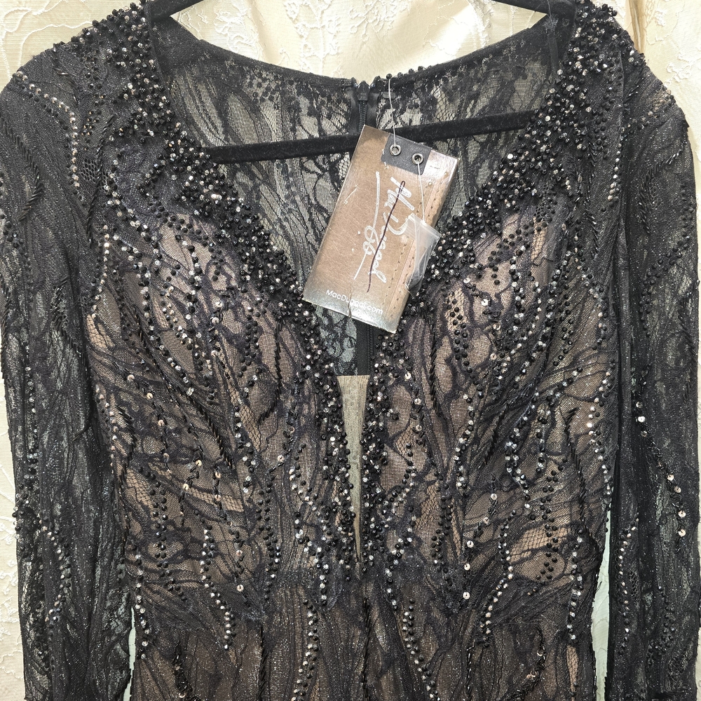 Mac Duggal Black Beaded Lace Maxi Dress